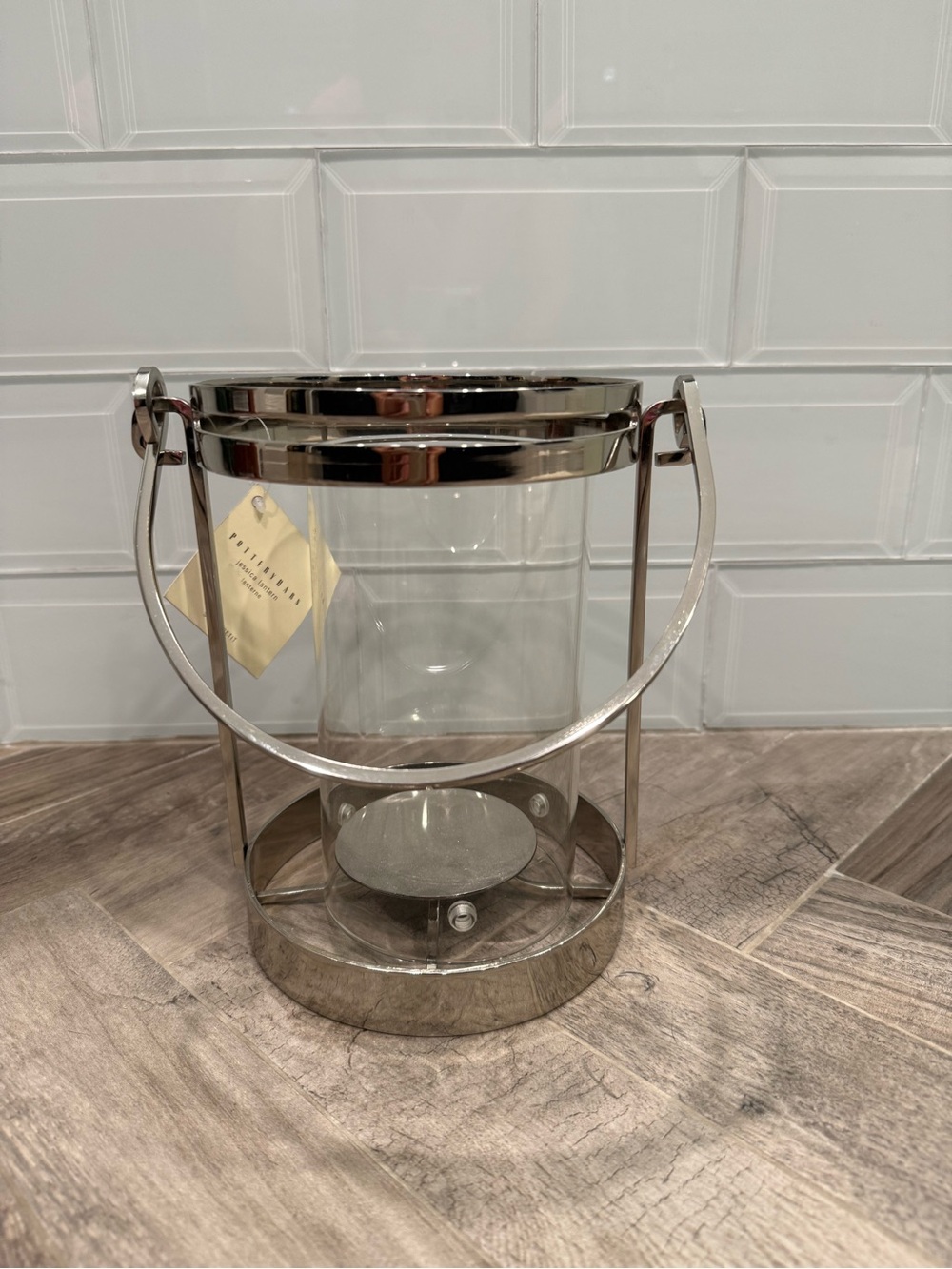Pottery Barn Silver Metal & Glass Lantern Candle Holder